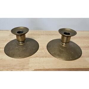 Pair Of Vintage Brass Floral Etched Candlestick Candle Holders